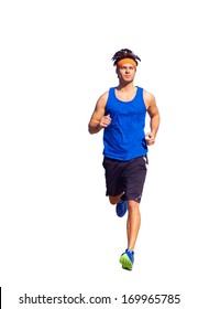 Handsome Man Jogging On Nature Trail Near Forest Preserve. Color Image, Copy Space, Male Jogger Running Outside On A Beautiful Day In Nature.Vertical, Isolated On White, White Background.