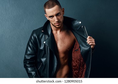 Attractive Man Naked Torso Leather Jacket Stock Photo 1304062264