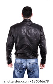 Handsome Man In Leather Jacket, Rear View On Back. Isolated On White