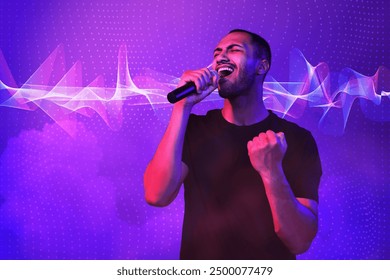 Handsome man with microphone singing in neon lights on color background. Audio waveform near him - Powered by Shutterstock