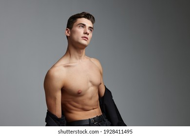 Handsome Man Naked Torso Black Shirt Cuteness Posing Model