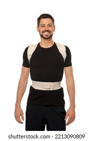 Handsome Man With Orthopedic Corset On White Background