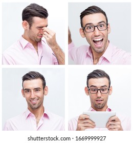 Handsome Man In Pink Shirt Portrait Set With Different Facial Expressions. Happy, Excited, Surprised, Upset Man Studio Shot Collage. Multiscreen Montage, Split Screen Collage. Emotions Concept