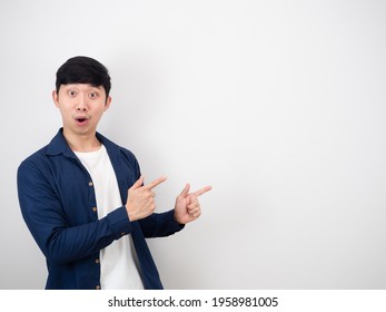 Handsome Man Point Double Finger Right Side With Happy Smile Looking At Camera On White Isolated Background