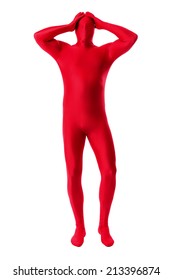 A Handsome Man In A Red Body Suit Isolated On A White Background