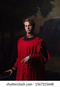 Handsome Man In A Royal Red Doublet. Young Man, Portrait In Renaissance Style Paintings