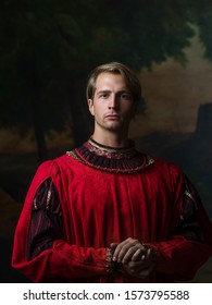 Handsome Man In A Royal Red Doublet. Young Man, Portrait In Renaissance Style Paintings