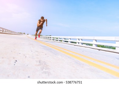 Handsome Man Running And Physical Fitness Test On Bridge ; Healthy Lifestyle Cardio Together At Outdoors Summer 