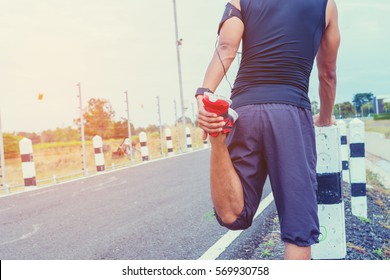 Handsome Man Running And Physical Fitness Test  ; Healthy Lifestyle Cardio Together At Outdoors Summer 
