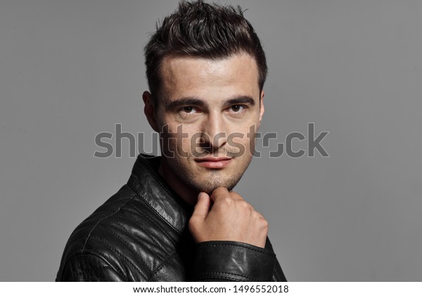Handsome Man Short Haircut Leather Jacket Stock Photo Edit