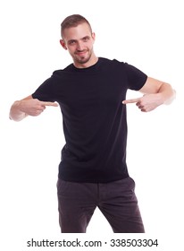Handsome Man Showing Empty Copyspace On Black T Shirt