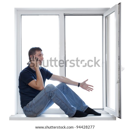 Similar – Foto Bild neugieriger Typ schaut durchs Fenster.