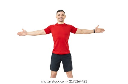 Handsome Man - Sportsman In Red Shirt, On White Background, Isolated, Fitness Concept