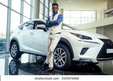 Handsome man is standing near his new car and smiling