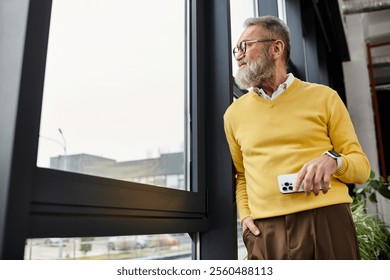 A handsome man stands by a window, holding a smartphone and gazing thoughtfully outside. - Powered by Shutterstock