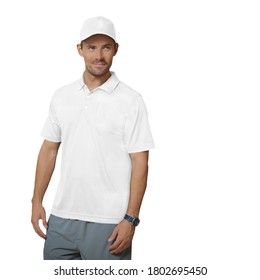 A Handsome Man Stands On A White Background, Looking To The Right With A Smirk. He Is Wearing A White Baseball Cap, A White Polo Shirt, And Gray Shorts, Looking To His Left.