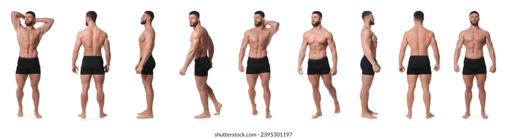 Handsome man in stylish black underwear on white background, set of photos - Powered by Shutterstock