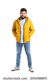 Handsome Man In Stylish Yellow Jacket On White Background