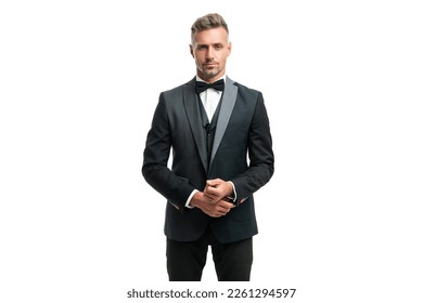 handsome man in suit and bow tie. businessman isolated on white. boss in formal wear