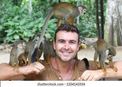 Handsome Man With Titi Monkeys Group Handsome Man With Titi Monkeys Group