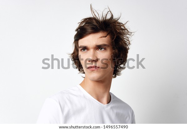 Handsome Man Tousled Hair White Tshirt Stock Photo Edit Now