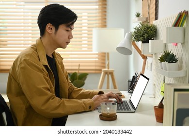Handsome man using computer laptop at home office.