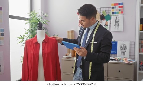 Handsome man using tablet while tailoring at modern atelier