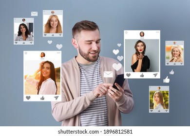 Handsome man visiting online dating site via smartphone on color background
