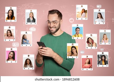 Handsome Man Visiting Online Dating Site Via Smartphone On Pink Background