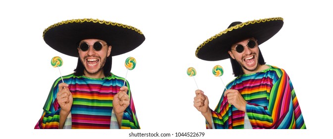 Handsome Man In Vivid Poncho Holding Lollypop Isolated On White