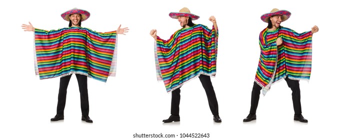 Handsome man in vivid poncho isolated on white