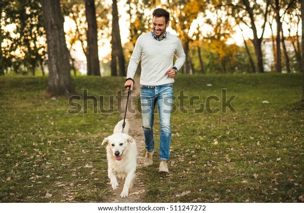 Handsome Man Walking His Dog Park Stock Photo (Edit Now) 511247272