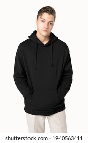 Handsome Man Wearing Black Hoodie For Winter Fashion Studio Shoot