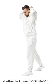 Handsome Man Wearing Blank White Hoodie And Pants Isolated On White Background