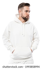 Handsome Man Wearing White Blank Hoodie Isolated On White Background