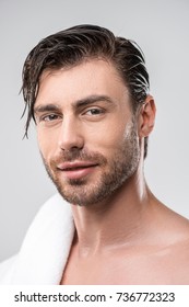 Handsome Man With Wet Hair And Towel, Isolated On Grey