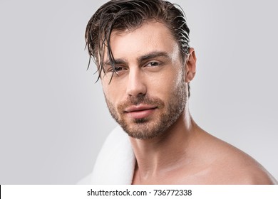 Handsome Man With Wet Hair And Towel, Isolated On Grey