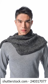 Handsome Man With Wool Scarf On White Background