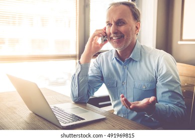 Handsome mature businessman is talking on the mobile phone and smiling while working in office