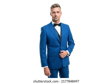 Handsome Mature Man In Bow Tie Blue Suit. Businessman Isolated On White. Leader In Tux Formal Wear