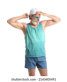 Handsome Mature Man With Swimming Goggles On White Background