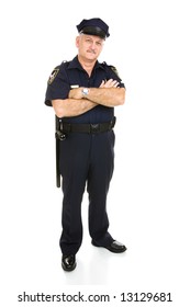 Handsome Mature Policeman In Uniform.  Full Body Isolated On White.