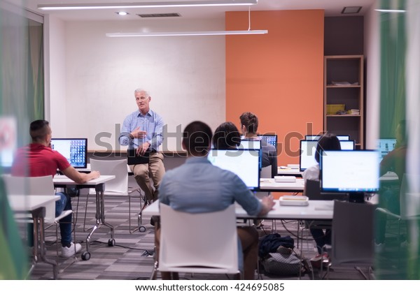 Handsome Mature Teacher Students Computer Lab Stock Photo ...