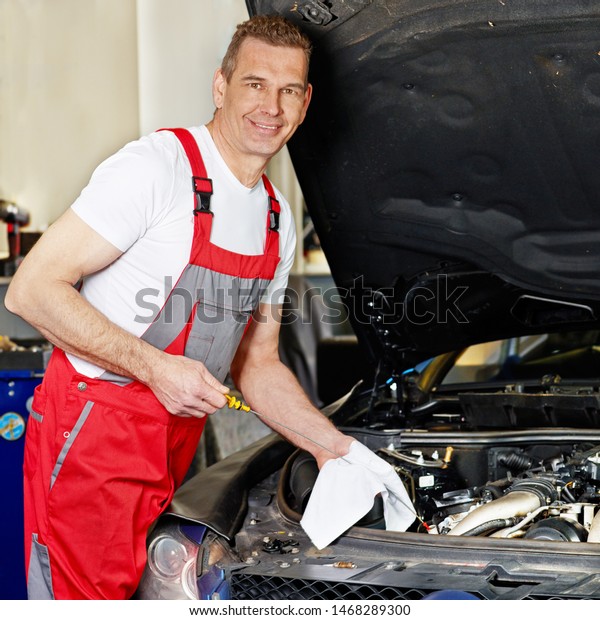 a handsome mechanical male\
employee of a car service workshop stand at the open bonnet motor\
engine of a car and works happy cheerfull and friendly but\
professional