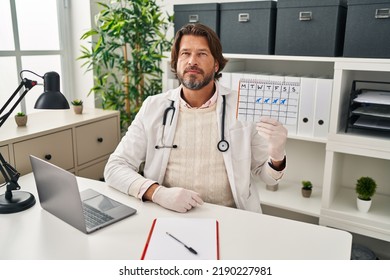 Handsome Middle Age Doctor Man Holding Holidays Calendar Thinking Attitude And Sober Expression Looking Self Confident 