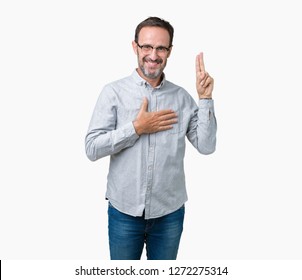 Handsome middle age elegant senior man wearing glasses over isolated background Swearing with hand on chest and fingers, making a loyalty promise oath