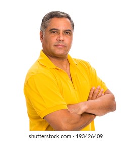 Handsome Middle Age Hispanic Man In A Studio Portrait On A White Background.