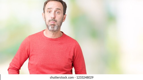 Handsome Middle Age Hoary Senior Man Wearing Winter Sweater Over Isolated Background Puffing Cheeks With Funny Face. Mouth Inflated With Air, Crazy Expression.