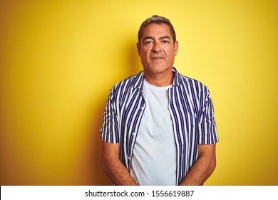 Handsome middle age man wearing striped shirt standing over isolated yellow background with serious expression on face. Simple and natural looking at the camera. - Shutterstock ID 1556619887