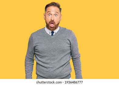 Handsome Middle Age Man Wearing Business Clothes Afraid And Shocked With Surprise And Amazed Expression, Fear And Excited Face. 